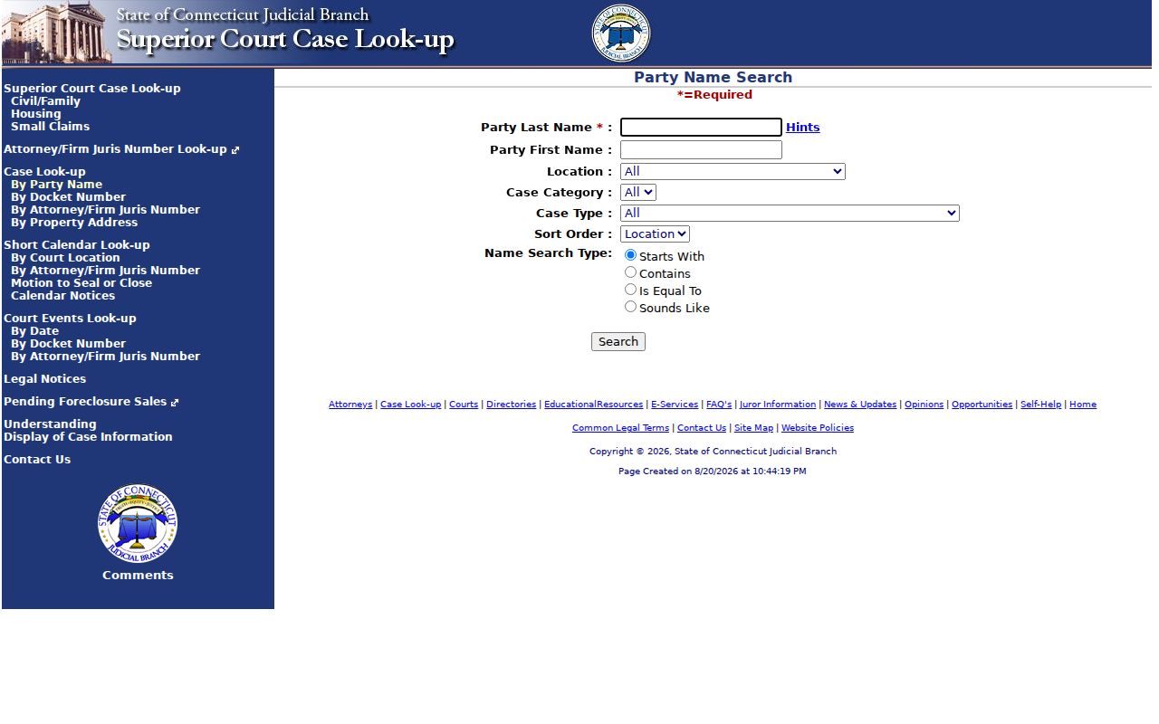 Glastonbury resident lookup Judicial Branch party search