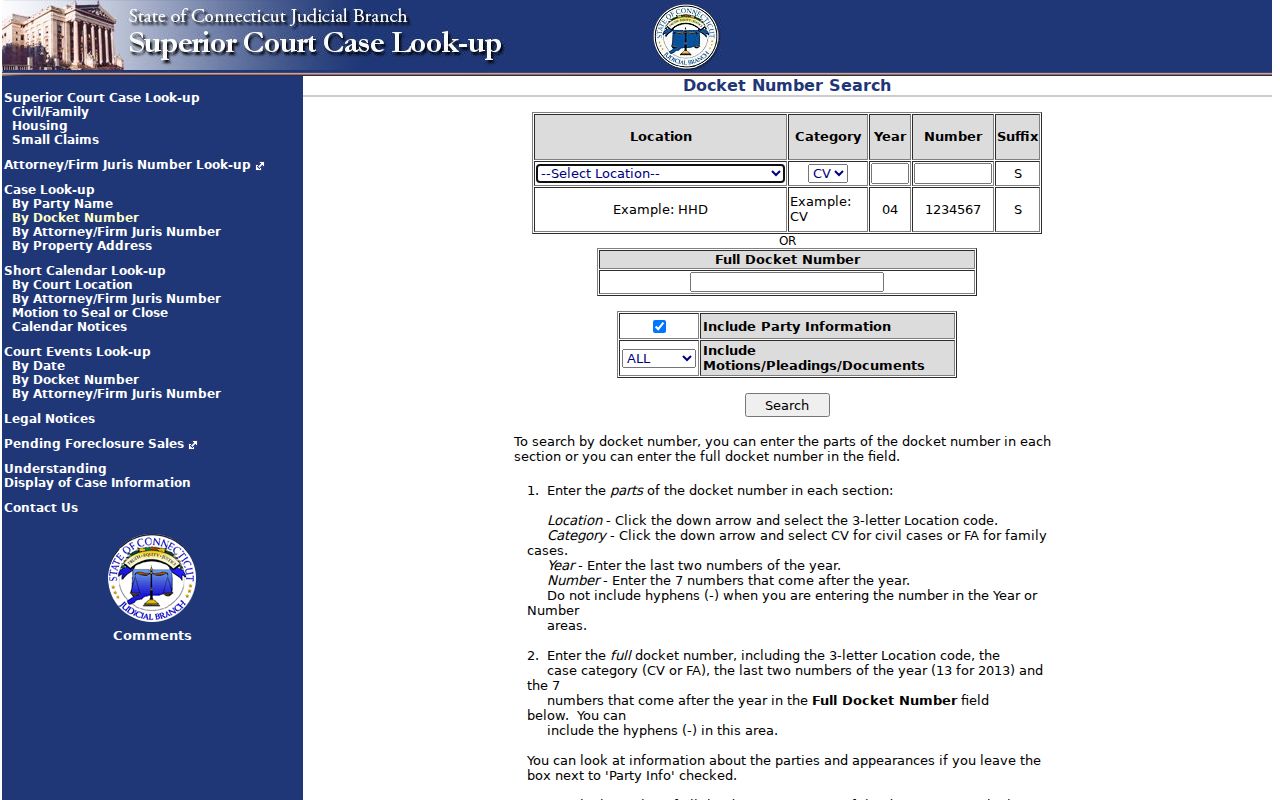 Glastonbury resident lookup Judicial Branch docket search